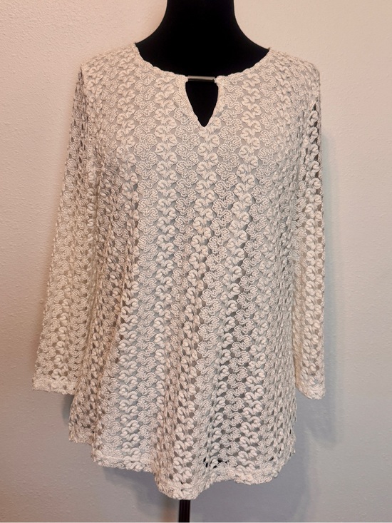 JM Collection Tops - JM Collection White Crochet Lace Blouse Keyhole Neck 3/4 Sleeve Large